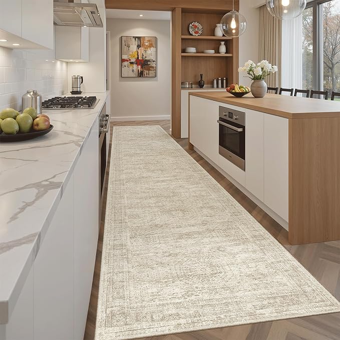 Soalmost Runner Rug 2'6" x 12' Washable Non-Slip Runner Rugs for Kitchen Bathroom Laundry Room Vintage Ultra Thin Runners for Hallway Entryway Beige