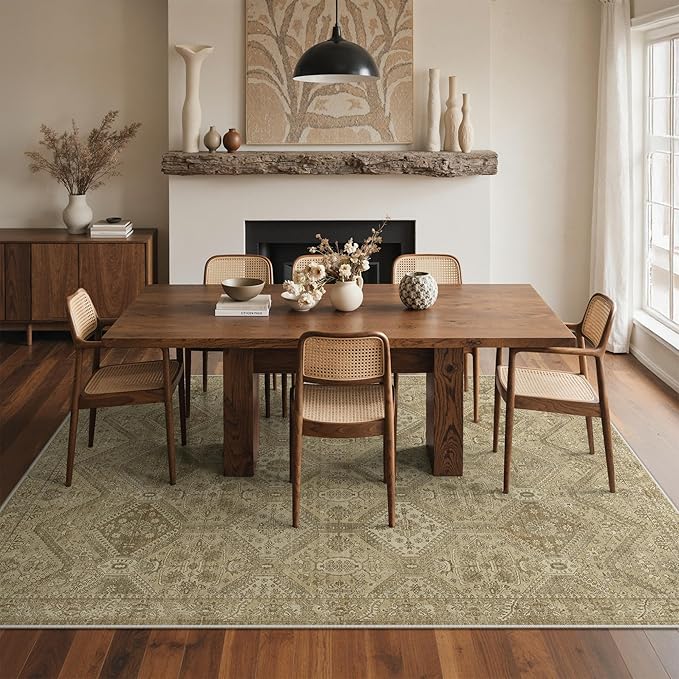 GENIMO 6x9Area Rugs for Living Room, Machine Washable Non Slip Vintage Rugs, Low Pile Lightweight Print Rug for Bedroom, Dining Room, Home Office, Tan Brown