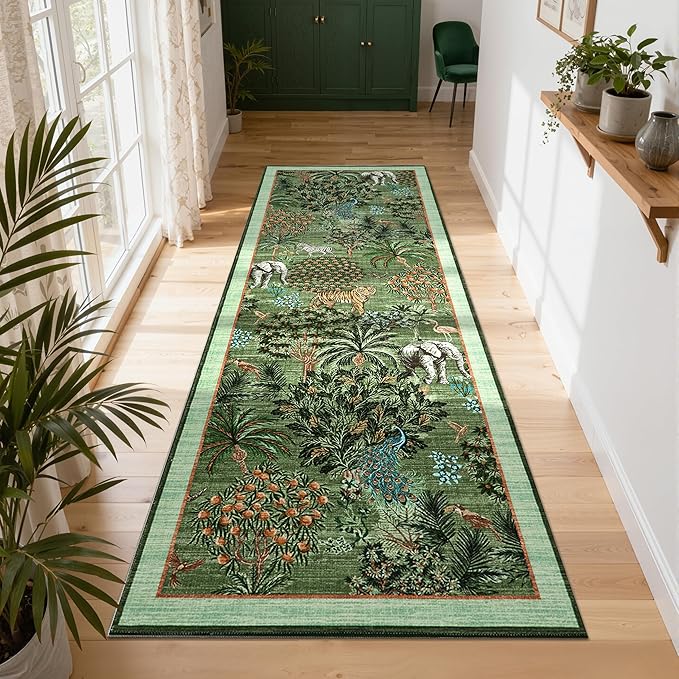 GarveeHome Jungle Rug 2.5x8 Kitchen Runner Rug Non Slip Washable Runners for Hallways, Animal Print Runner Rugs with Rubber Backing Soft Low-Pile Long Carpet for Bedroom Entryway Laundry, Forest Green