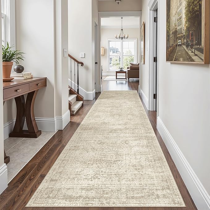 Soalmost Runner Rug 3x8 Washable Non-Slip Hallway Runner Rugs for Kitchen Bathroom Laundry Room Beige Vintage Floor Carpet Runners for Hallways Entryway