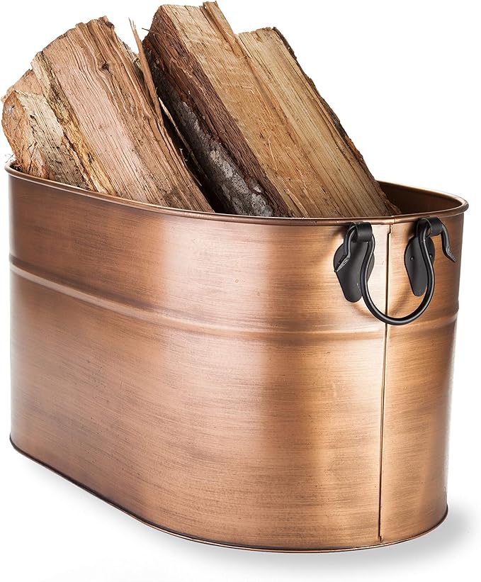 Plow & Hearth Vintage-Style Antique Copper Firewood Bucket with Wrought Iron Handles | Decorative Firewood Rack | Galvanized Steel Log Holder for Fireplace | 13.25" W x 11.25" H x 21.25" L