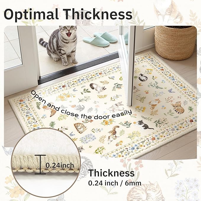 Soalmost Cat 9x12 Area Rugs for Living Room, Machine Washable Animal Floral Vintage Rug Non-Slip Low Pile Soft Throw Large Rugs for Bedroom Dining Room Kitchen Nursery Playroom (9 x 12,Beige)