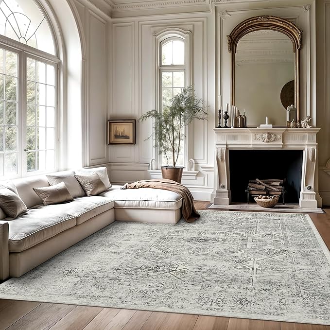 Soalmost 5x7 Area Rugs Grey Low Pile Indoor Washable Trendy Faded Style Floral Rugs for Bedroom Living Room Dining Room Foldable Non-Slip Thin Print Mat