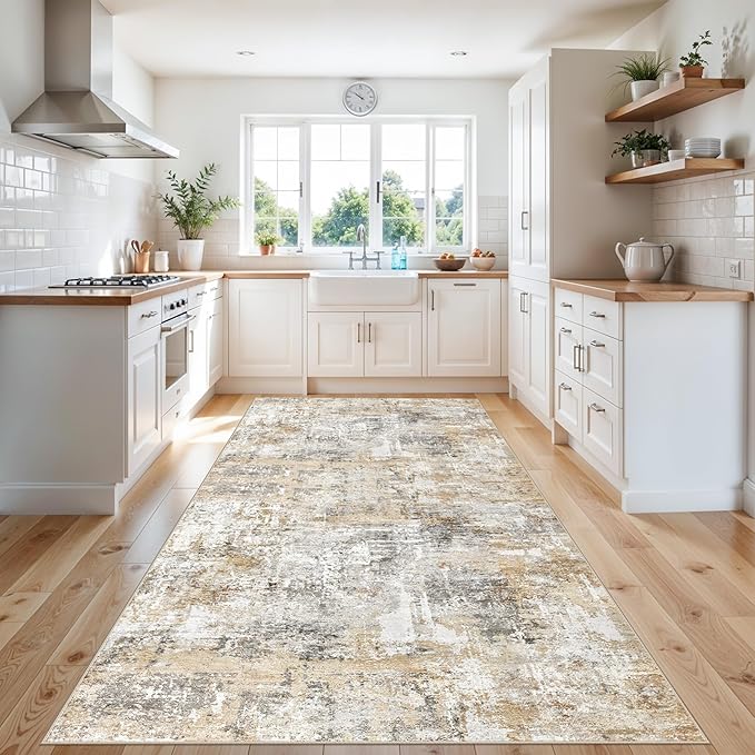 4x10 ft Extra Wide Hallway Rug – Non-Slip Washable Rubber-Backed Large Carpet Runner for Kitchen, Entryway | Modern Abstract, Low-Pile Thin Floor Mat for Bedroom Living Room Dining Room (Gold Grey)