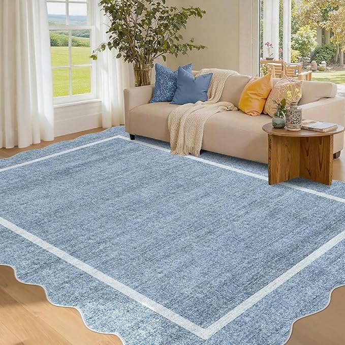 GarveeHome Scalloped Washable Rugs 5x7 Rug for Living Room Modern Non Slip Large Area Rug for Bedroom Decor Farmhouse Low Pile Stain Resistant Carpet for Office Dining Room Classroom 5 ft x7 ft Blue