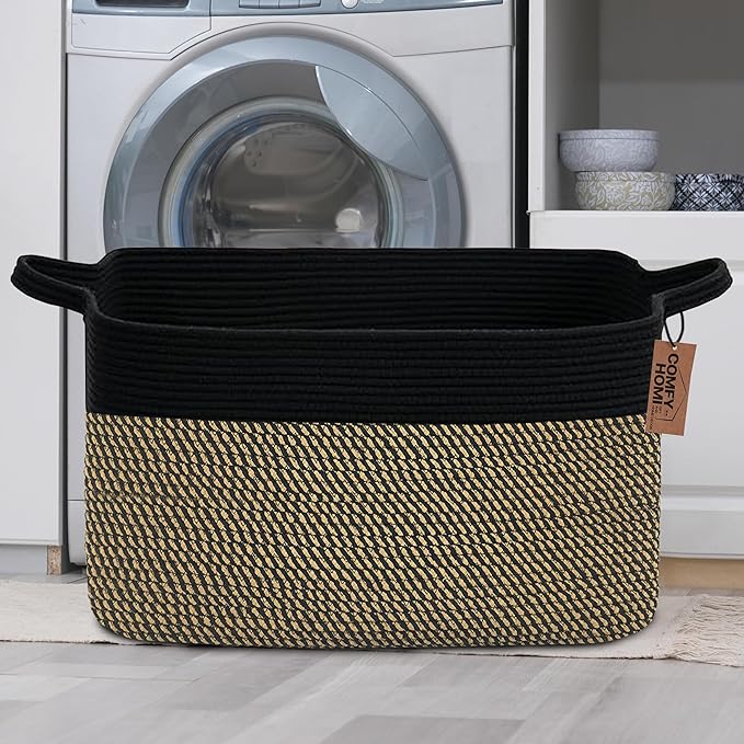 COMFY-HOMI Large Rectangular Blanket , Cotton Rope Woven for Storage, LaundryHamper, Storage ,Toy Organizing Bin with Handle, Organizer and Storage-22x15x12-Black/Jute