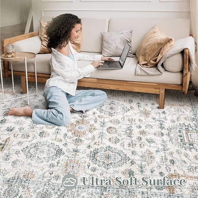 XLUEZ Area Rug 10x14 Living Room Rugs, Machine Washable Vintage Distressed Boho Area Rug Non-Slip Soft Low Pile Large Indoor Rugs for Bedroom Kitchen Dining Room Office(Brown Green,10'x14')