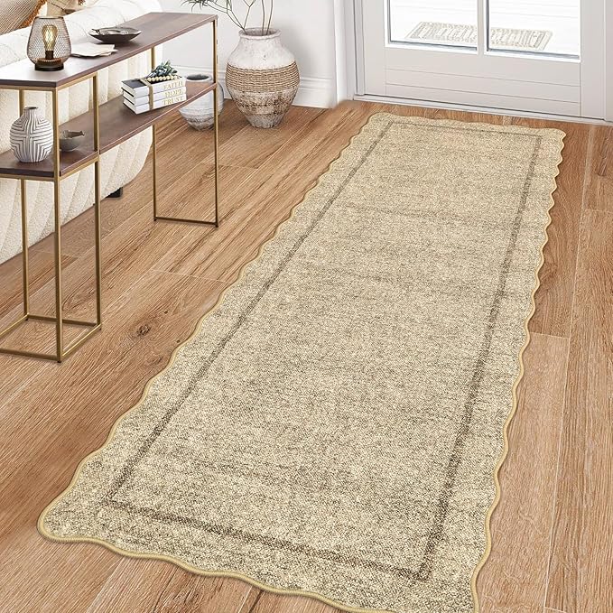 GarveeHome Scalloped Washable Runner Rug 2x6 Runner Modern Kitchen Runner Rug Non Slip Farmhouse Entryway Rug Soft Bathroom Rugs Stain Resistant Carpet for Laundry Bedroom 2 ft x6 ft Jute