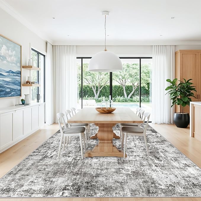 12x12ft Square Living Room Rug – Non-Slip Washable Extra Large Floor Carpet for Bedroom, Dining Room, Playroom Room – Modern Abstract Neutral Thin Low-Pile Big Indoor Rug (Grey)