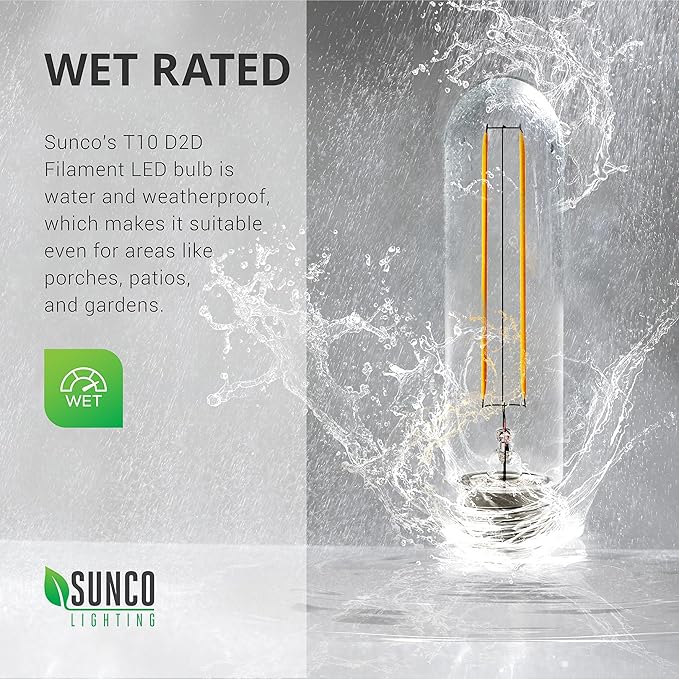 Sunco Lighting 6 Pack 5W=40W Dusk to Dawn Outdoor T10 Light Tubular LED Bulbs, CRI90 2700K Soft White E26 Base, 450 Lumens, Vintage Filament, Waterproof, Outdoor Decorative UL.