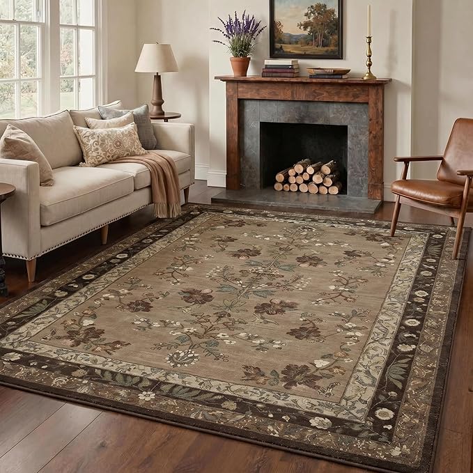 GENIMO 5x7 Area Rugs for Living Room, Machine Washable Non Slip Vintage Rugs, Low Pile Lightweight Chenille Print Rug for Bedroom, Dining Room, Home Office, Dusty Brown
