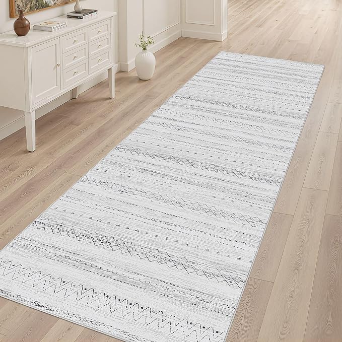 cotiled Hallway 2.6x8 Runner Rugs: Washable Boho Rugs with Non Slip Backing Large Soft Indoor Low Pile Carpet for Living Room Bedroom Farmhouse Dining Room Lightweight Home Decor Grey