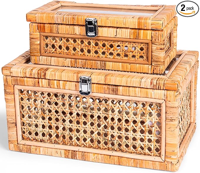 Large Set of 2 Handwoven Rattan Decorative Boxes with Glass Lids - Stackable Wicker Storage Boxes for Home Decor - Coffee Table Box Organizers - Woven Box with Lid for Shelves
