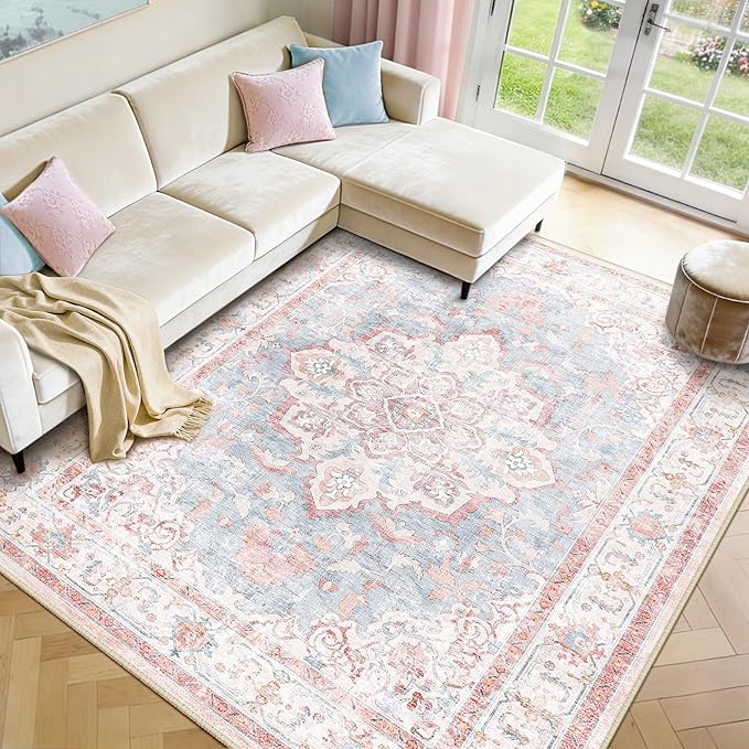 CAPALOCA Machine Washable Rugs Nursery Rug 8x10 Cute Girl Non Slip Low Pile Water Repellent Soft Print Pattern for Bedroom Indoor Decor Kids Playroom Pink Blue