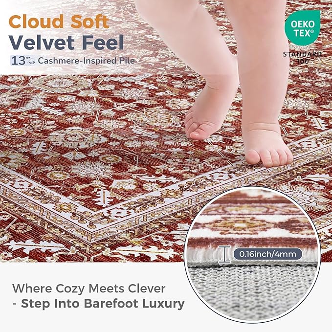 OPPODREAM Vintage Red Round Rug 4ft, 4 ft Retro Washable Circle Rug Non Slip, Low-Pile Faux Wool Circular Carpet, Distressed Floor Mat for Living Room, Bedroom, Office, Dorm, Dinning Room