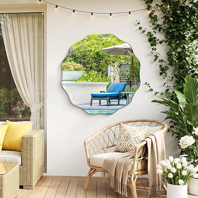CILIBER Frameless Wavy Round Mirror, 30'' Scalloped Circle Wall Mirror, 3mm Tempered Glass Decorative Bathroom Vanity Mirror, Mounting/Leaning for Mantel, Living Room, Bedroom and Entryway