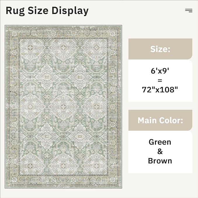 Soalmost 6x9 Area Rug for Living Room Washable 6x9 Rug Non-Slip Modern Rugs for Bedroom Dinning Room Ultra-Thin Indoor Green/Brown Rug
