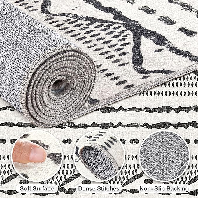 Nakagishi Black Rug for Living Room: 7x9 Washable Boho Large Neutral Soft Farmhouse Area Rugs Stain Resistant Modern Geometric Non-Slip Indoor Floor Carpet for Bedroom Playroom Office Dining Room