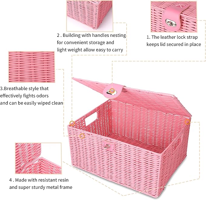 Honygebia Pink Wicker Storage Baskets - Set of 3 Decorative Nesting Boxes with Lids, Woven Basket with Lock & Handle, Organizer for Beauty Makeup Bathroom Decor