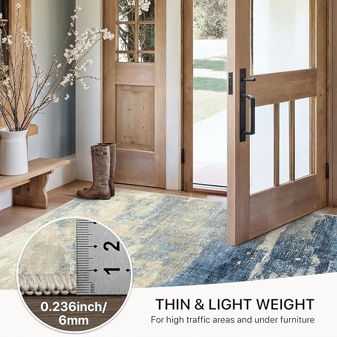 GENIMO 2X5 Washable Modern Runner Rug for Hallway, Non-Slip Low Pile Chenille Print Rug, Soft Rugs for Indoor Entryway Kitchen Corridor, Dusk Tide