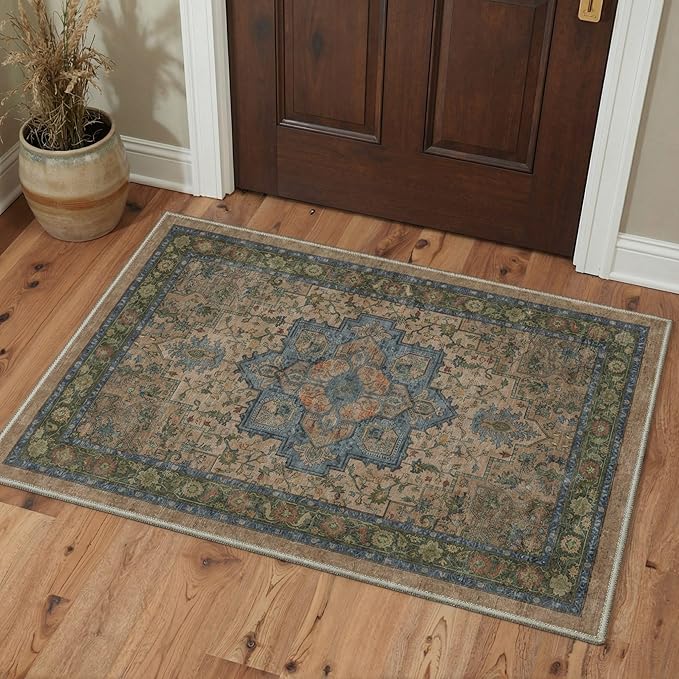 GENIMO 5x7 Area Rugs for Living Room, Machine Washable Rug, Non Slip Indoor Vintage Carpet, Low Pile Lightweight Chenille Print Carpet for Bedroom Dining Room Home Office, Dusty Sage