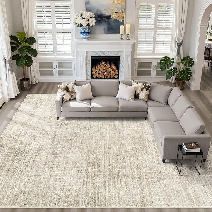12x15 Area Rug Living Room: Washable Large Neutral Beige Rugs Abstract Soft Modern Stain Resistant Indoor Floor Non-Slip Carpet for Bedroom Nursery Kids Office Playroom Dining Room Under Table Home