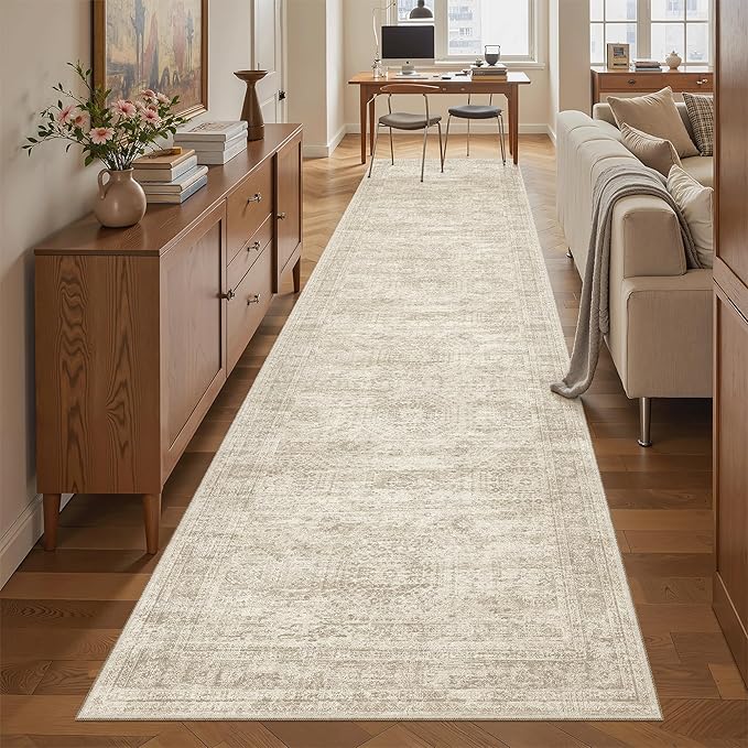 Soalmost Runner Rug 2'6" x 10' Washable Non-Slip Runner Rugs for Kitchen Bathroom Laundry Room Vintage Ultra Thin Runners for Hallway Entryway Beige