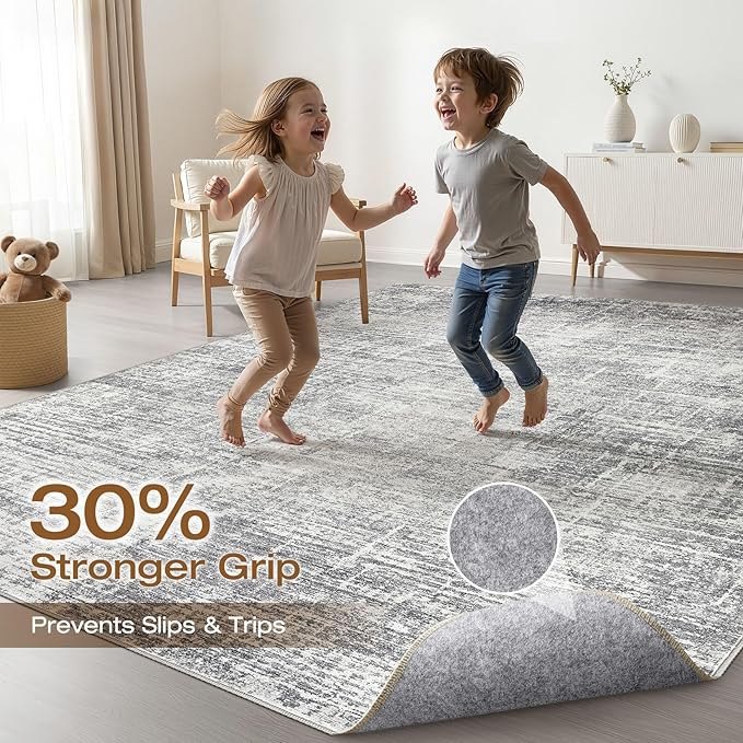 4x6 Rug Washable Area Rugs: Neutral Abstract Soft Modern Stain Resistant Small Indoor Floor Non-Slip Low Pile Throw Carpet for Entryway Kitchen Bedroom Nursery Kids Office Playroom Home House- Grey