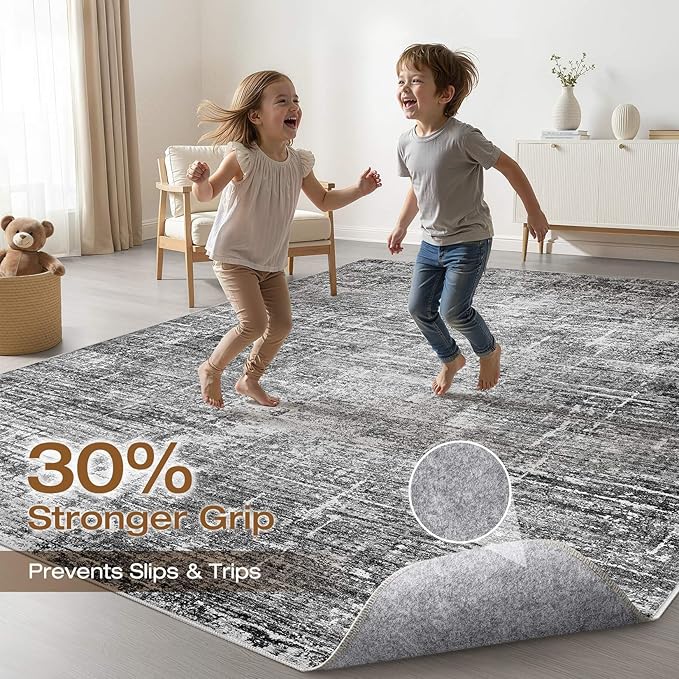 9x12 Area Rug Living Room: Washable Large Neutral Black Rug Abstract Soft Modern Stain Resistant Indoor Floor Non-Slip Carpet for Bedroom Nursery Kids Office Playroom Dining Room Under Table Home