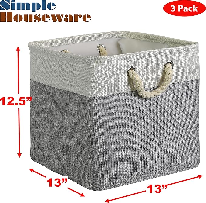 Simple Houseware Fabric Storage Cubes, 13" x 13" Storage Bin, 3 Pack, Gray