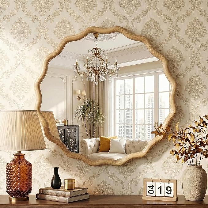 TRAHOME Round Wood Mirrors for Wall, 24" Boho Cirecle Wavy Mirror with Wooden Frame, Decorative Mirror with Tempered Glass, Natural Wooden Frame Vanity Mirror for Bedroom, Living Room, Entryway