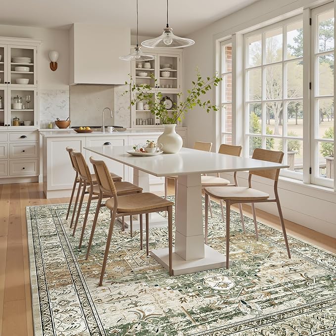 Soalmost 6x9 Area Rugs for Living Room Non-Slip Washable Rugs 6x9 Vintage Rug for Bedroom Dinning Room Ultra-Thin Area Rugs Farmhouse Home Decor Olive/Beige