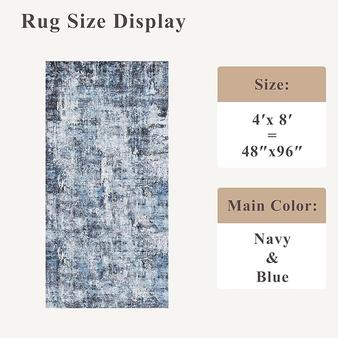 4x8 Washable Area Rug – Non-Slip Rubber Backed Indoor Rug for Entryway, Kitchen, Hallway | Modern Abstract Neutral Low Pile Thin Floor Mat for Bedroom, Living Room, Office（Blue）
