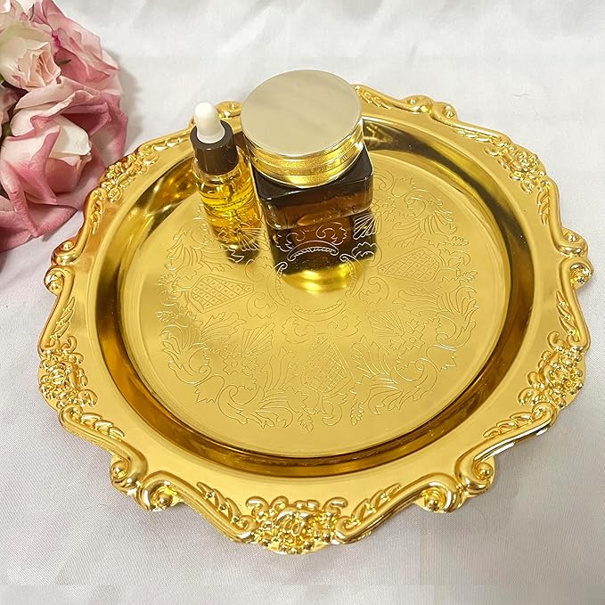 Tray Stainless Steel Decorative Trays Round Gold, Vintage Jewelry Perfume Storage Organizer with Embossed Rims, Small Display Tray Organizer for Dresser,Bedroom,Home Decor