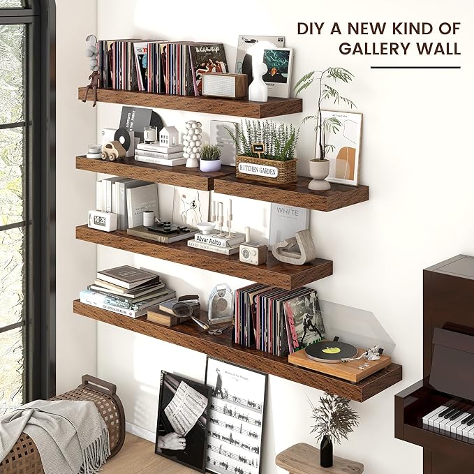 Venusmiles Floating Shelves for Wall, Engineered Wood Wall Shelves with Invisible Brackets for Living Room Bedroom Bathroom Office Kitchen Decor and Storage (Brown, 55" W x 9" D x 1.5" H) Set of 1