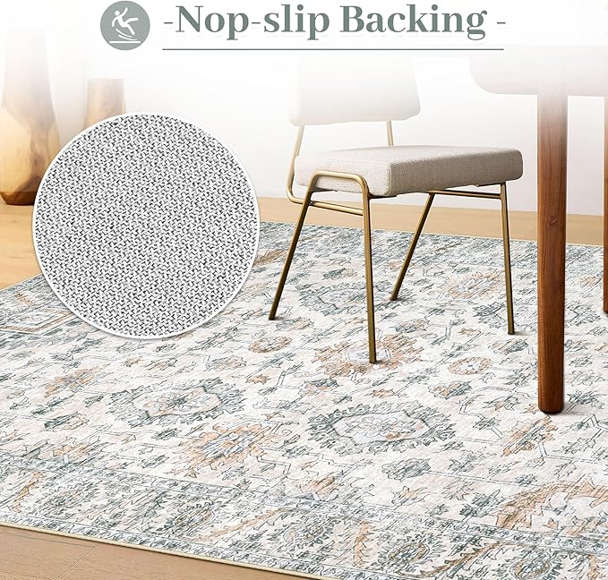 XLUEZ Area Rug 5x7 Living Room Rug, Machine Washable Vintage Distressed Boho Area Rug Non-Slip Soft Low Pile Large Indoor Rugs for Bedroom Kitchen Dining Room Office(Brown Green,5'x7')