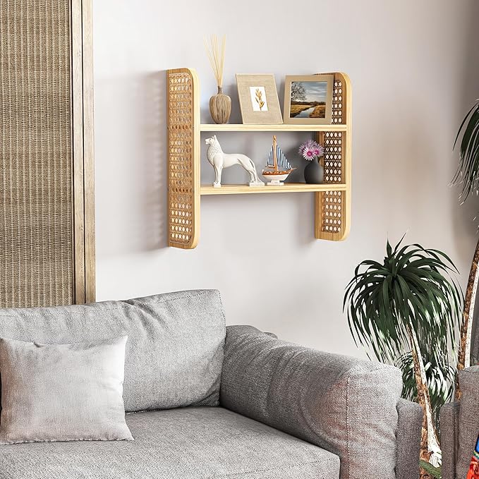 2-Tier Natural Rattan Wall Shelf, Cute Hanging Book Shelves Storage, Decorative Natural Display Shelves, Boho Floating Shelf for Nursery, Bedroom, Living Room