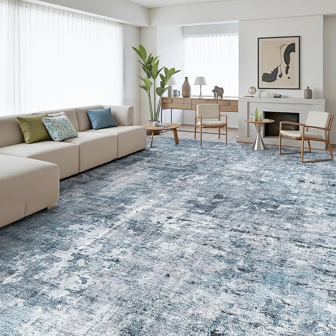 Soalmost 12x15 Washable Area Rug Blue/Grey Neutral Abstract Living Room Large Carpet Non Slip Bedroom Indoor Office Dining Room Low Pile Thin Rug