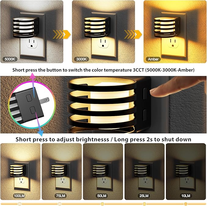 JandCase LED Night Light, Night Lights Plug into Wall with Dusk to Dawn Sensor, 3 Colors Amber/3000K/5000K & 5 Brightness Levels, Adjustable Brightness Nightlight for Bedroom Bathroom Hallway, 2 Pack