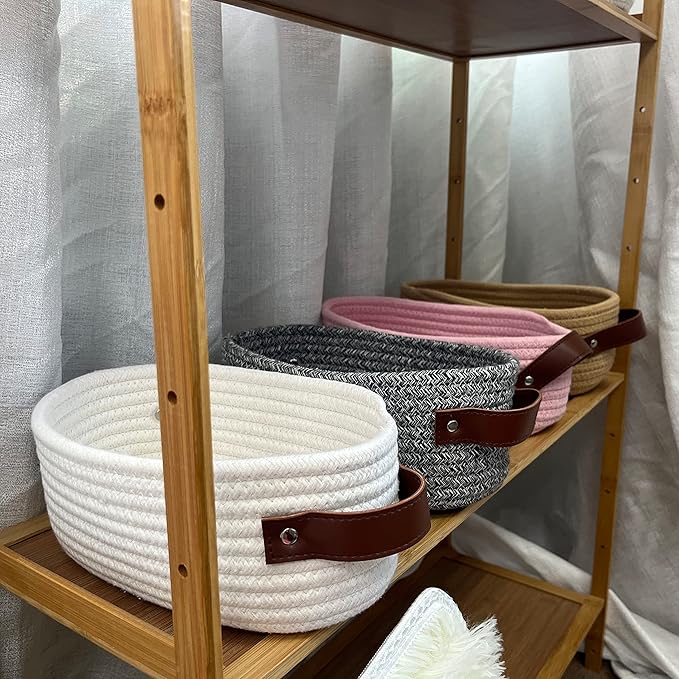 ABenkle Small Woven Basket, Mini Cotton Rope Tiny Oval Shelf Decorative Toy Dog Cat Toy Storage for Nursery, Easter，Empty Gift Baskets, 9.4" x 5.9" x 3.9" XS