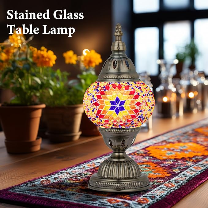Marrakech Tiffany Lamp Turkish Table Lamps with Vintage Style, Handmade Moroccan Mosaic Lamp with Bronze Base Including LED Bulb for Living Room Bedroom Decor (Orange)
