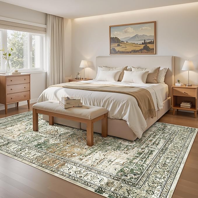 Soalmost 6x9 Area Rugs for Living Room Non-Slip Washable Rugs 6x9 Vintage Rug for Bedroom Dinning Room Ultra-Thin Area Rugs Farmhouse Home Decor Olive/Beige