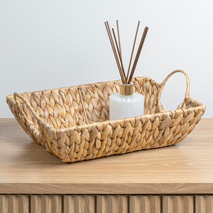 happimess TRY2000A-3SET Rowan Bohemian Cottage Handwoven Hyacinth Rectangular Decorative Basket Trays with Handles, Natural (Set of 3) for Storage and Decoration in Bathroom, Bedroom, Living Room