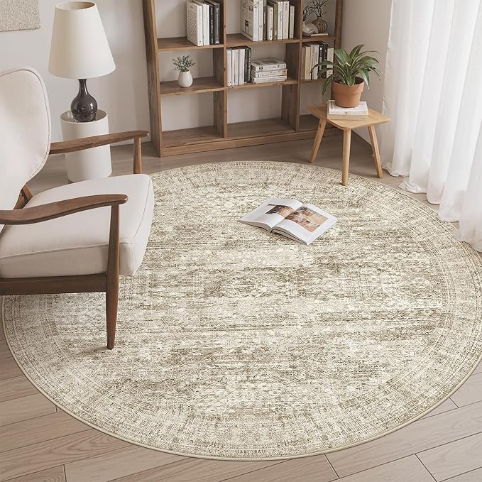 Soalmost 6x6 Brown Round Rug 6ft Living Room Circle Rug Vintage Round Area Rug Non Slip Indoor Carpet for Dining Room Bedroom