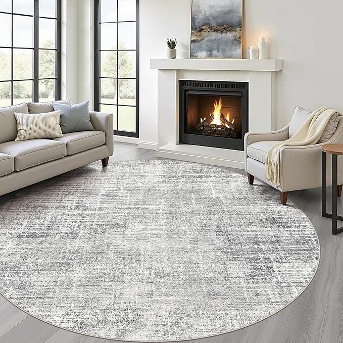 6ft Round Rug Living Room: 6x6 Washable Large Neutral Grey Circle Area Rug Abstract Soft Modern Stain Resistant Indoor Floor Non-Slip Carpet for Bedroom Nursery Kids Office Playroom Dining Room