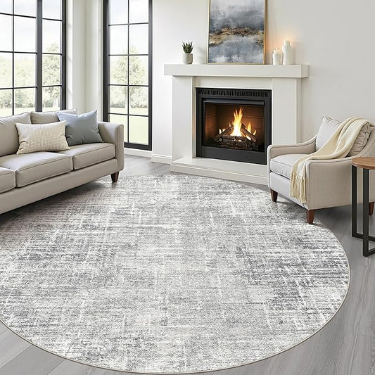6ft Round Rug Living Room: 6x6 Washable Large Neutral Grey Circle Area Rug Abstract Soft Modern Stain Resistant Indoor Floor Non-Slip Carpet for Bedroom Nursery Kids Office Playroom Dining Room