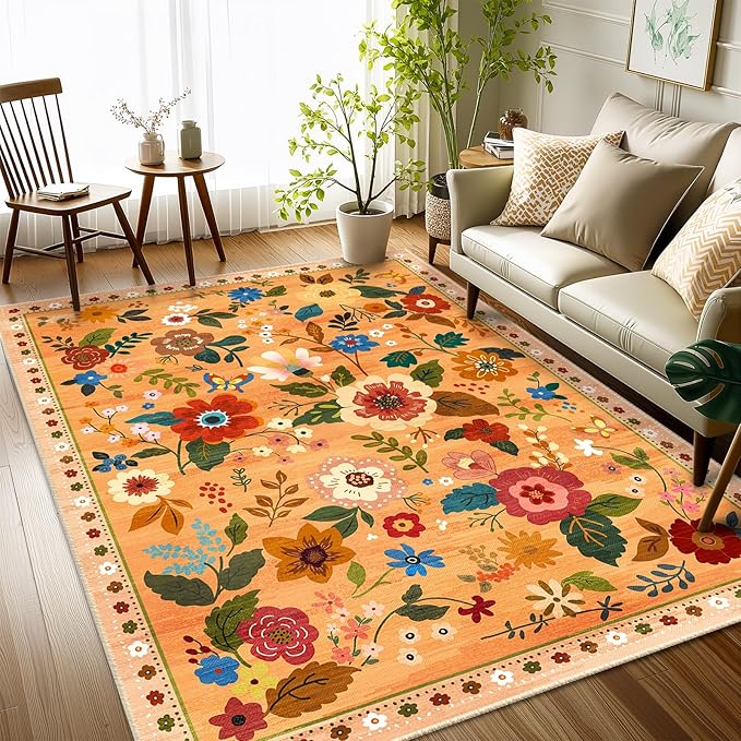 RELEANY Floral Nursery 4x6 Area Rugs Washable Print Boho Cute Carpet Non Slip Flower Low Pile for Living Room Kids Girls Playroom Bedroom Kitchen Office Farmhouse-Yellow/Orange