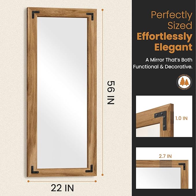 TRAHOME Full Length Mirror with Wooden Frame, 56"X22" Solid Wood Standing Floor Mirror for Farmhouse, Bathroom, Bedroom Decor, Hanging or Leaning Wall-Mounted