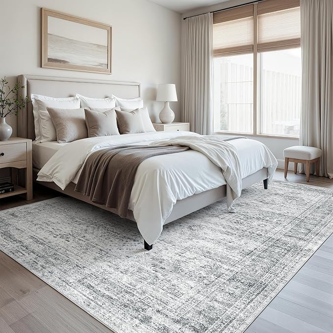 Soalmost Area Rug 10x12 Vintage Washable Living Room Large Gray Carpet Non Slip Bedroom Indoor Office Dining Room Low Pile Thin Rug Grey