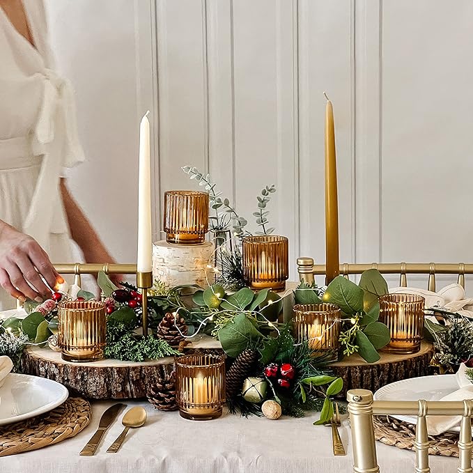 Kate Aspen Vintage Glass Tealight & Amber Votive Candle Holders (Set of 6) Rustic Fluted Candle Holder Set, Boho Home Decor, Wedding Table Centerpieces, Farmhouse Kitchen Table Decor